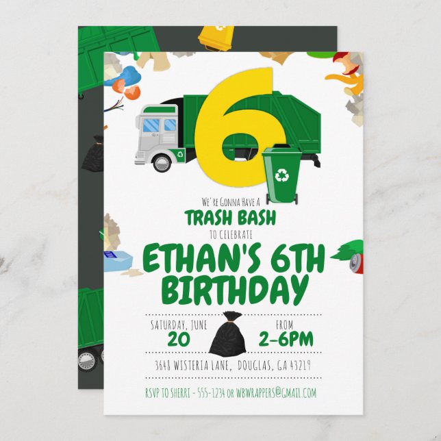 Invitación Camión basura Cumpleaños, camión de basura 6 cumpl (Anverso / Reverso)