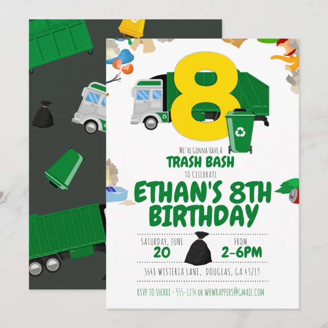 Invitación Camión basura Cumpleaños, camión de basura 8 cumpl (Anverso / Reverso)