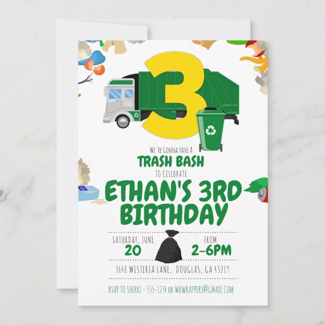 Invitación Camión basura Cumpleaños, camión de basura Tercer  (Anverso)