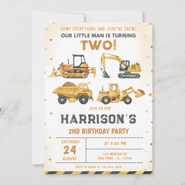 Invitación Camión basurero de construcción 2º cumpleaños (Anverso)