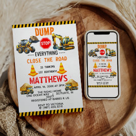 Invitación Camión basurero de construcción Fiesta de cumpleañ