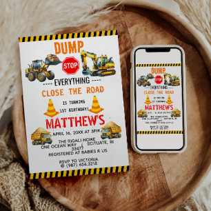 Invitación Camión basurero de construcción Fiesta de cumpleañ