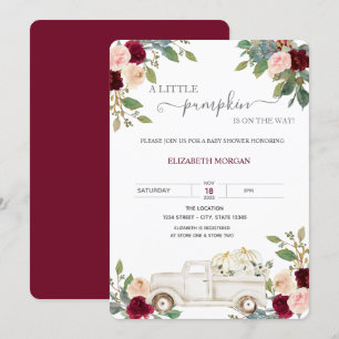 Invitación Camión blanco calabaza Flores de borgoña Baby Show