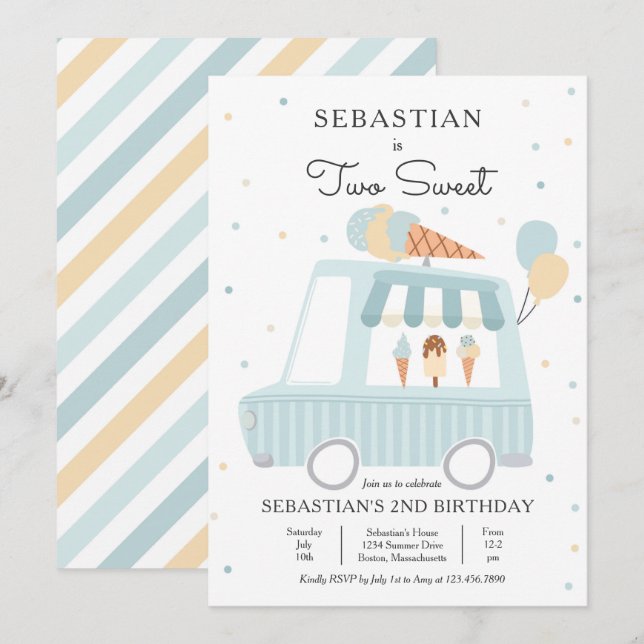 Invitación Camión Blue Ice Cream Dos Dulces Fiestas de Cumple (Anverso / Reverso)