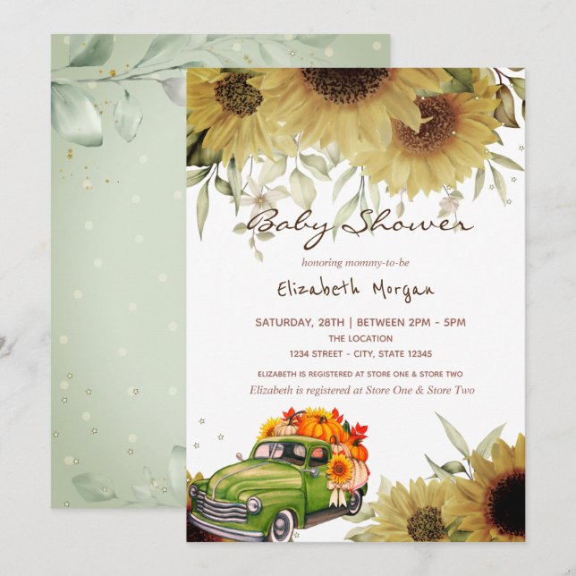 Invitación Camión Calabaza Sunflowers Drive Baby Shower (Anverso / Reverso)