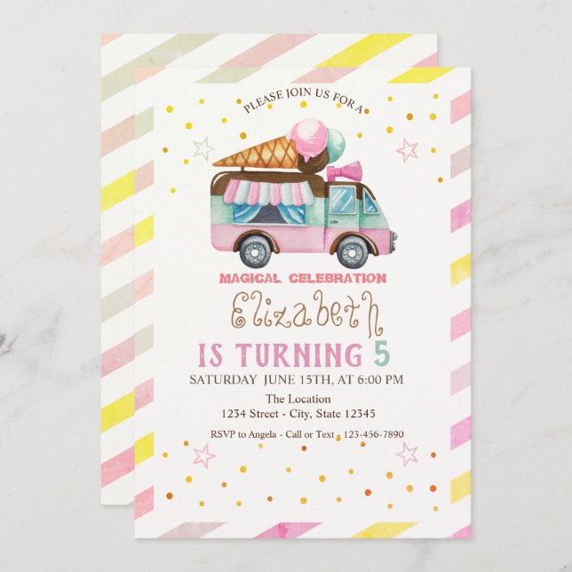 Invitación Camión con crema de hielo a rayas Cumpleaños (Anverso / Reverso)