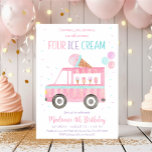 Invitación Camión Crema de Hielo Rosado Cuarto Cumpleaños<br><div class="desc">Esta encantadora invitación incluye un camión de helados de color acuático pintado a mano con helados y globos en colores pastel.</div>