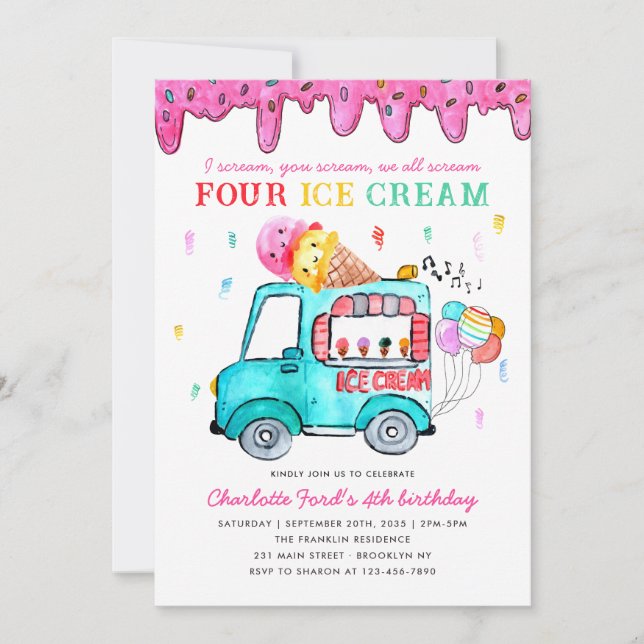 Invitación Camión Cute Four Ice Cream para niños de verano Cu (Anverso)