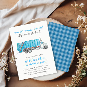 Invitación Camión de Basura Azul Niño Cumple 1 Año Fiesta de