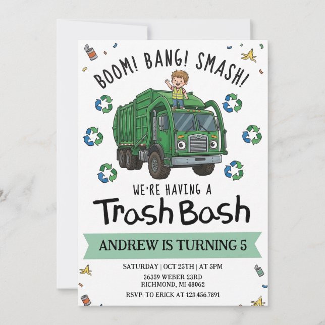 Invitación Camión de basura de cumpleaños para niños (Anverso)