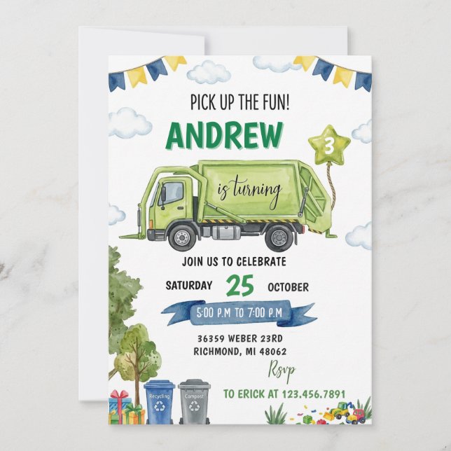 Invitación Camión de Basura de Niños Personalizado Cumpleaños (Anverso)