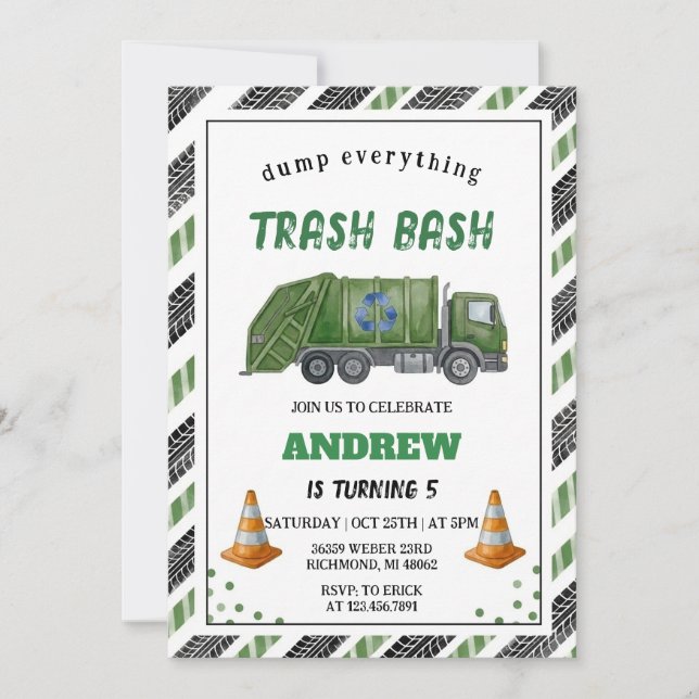 Invitación Camión de Basura para Niños Cumpleaños (Anverso)
