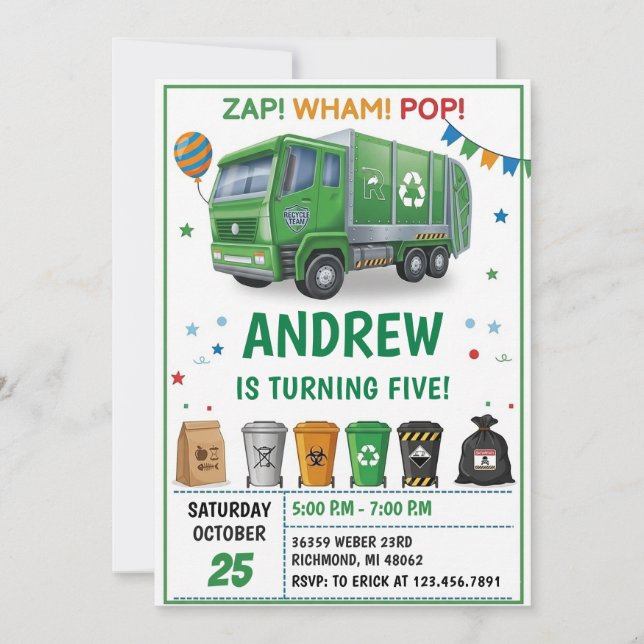 Invitación Camión de basura personal Cumpleaños fiesta (Anverso)
