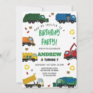 Invitación Camión de Basura Personal Cumpleaños para niños