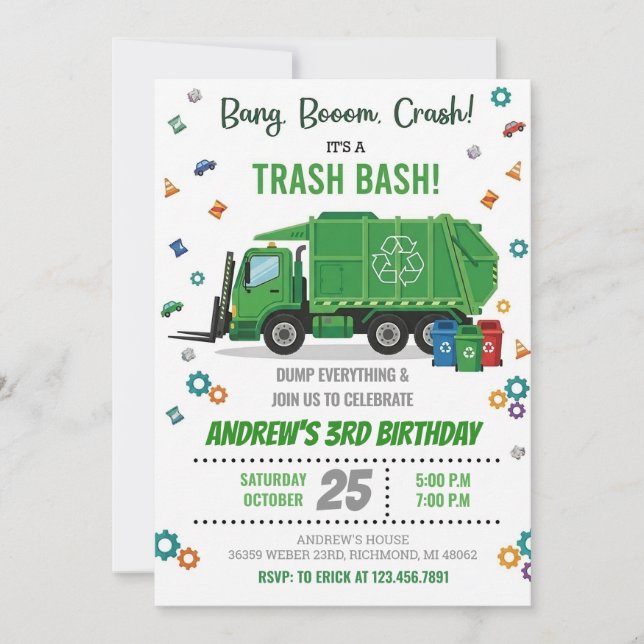 Invitación Camión de basura personalizado Cumpleaños para niñ (Anverso)