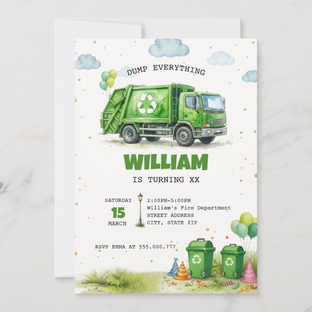 Invitación Camión de basura reciclaje cumpleaños acuarela (Anverso)