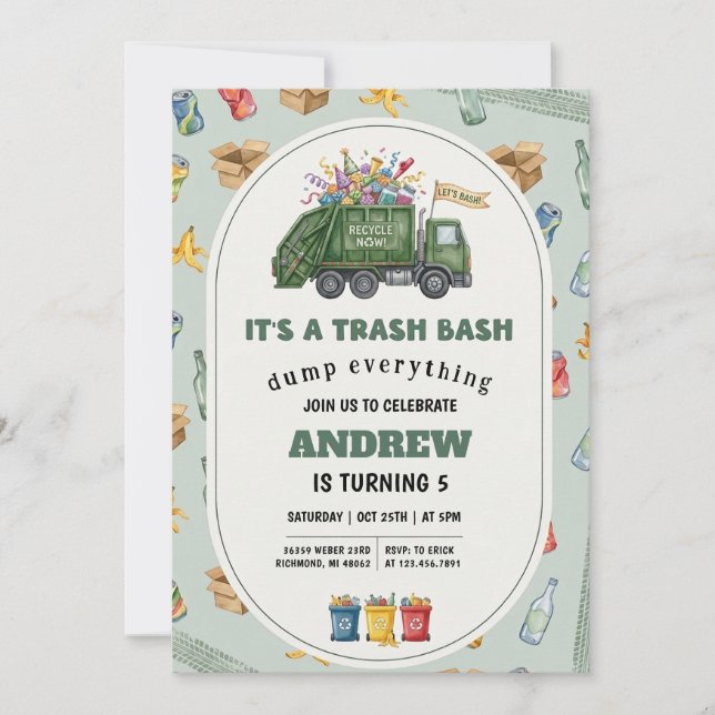 Invitación Camión de basura reciclaje personal cumpleaños (Anverso)