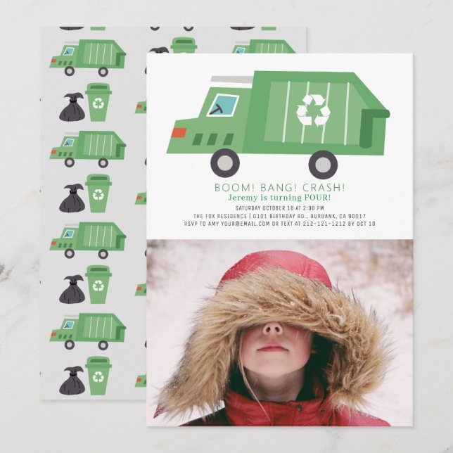 Invitación Camión de basura verde reciclaje niño foto cumplea (Anverso / Reverso)