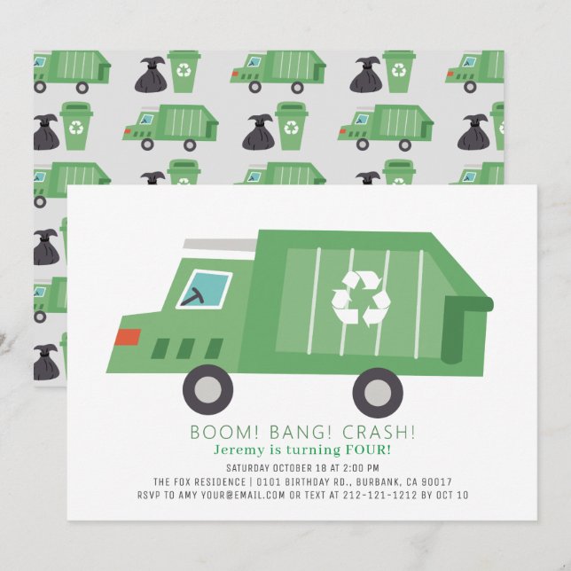 Invitación Camión de basura verde reciclar niño cumpleaños (Anverso / Reverso)