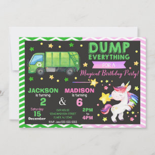 Invitación Camión de Basura y Unicornio Cumpleaños Compartido