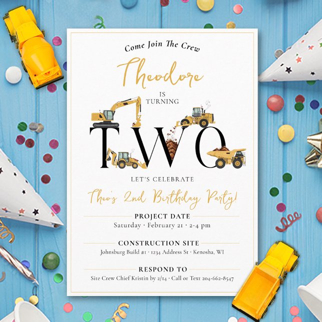 Invitación Camión de basurero de construcción de corte Fiesta (Boys fun construction theme party dump trucks digger join the crew TWO 2nd birthday invitation)