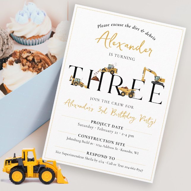 Invitación Camión de basurero de construcción de corte Fiesta (Cute modern minimalist dump truck construction THREE 3rd birthday party invitation for a boy)