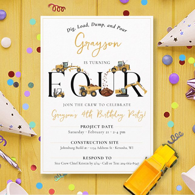Invitación Camión de basurero de construcción de cuajo cuarto (Boys fun construction theme party dump trucks digger join the crew FOUR 4th birthday invitation)