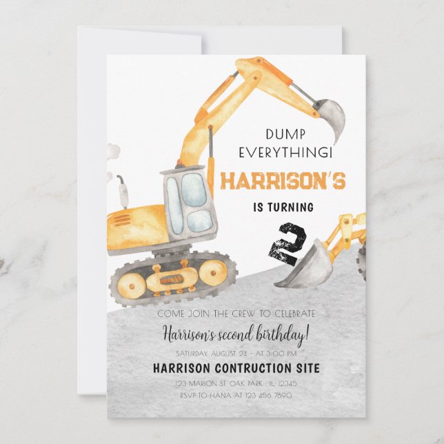 Invitación Camión de basurero de construcción excavador segun (Anverso)