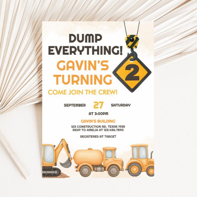 Invitación Camión de basurero de construcción Fiesta de segun (Construction 2nd Birthday Party Invitation)