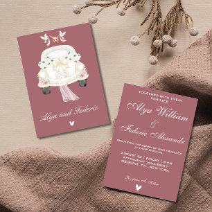 Invitación Camión de boda rosa de época