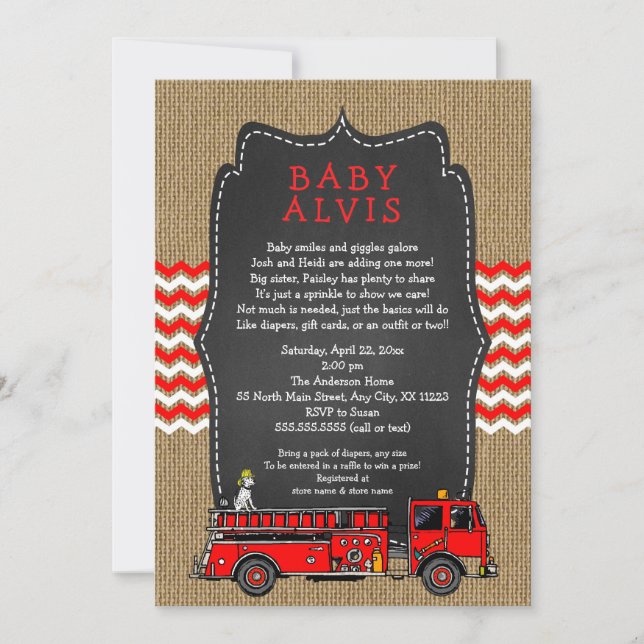 Invitación Camión de bomberos Bebé Sprinkle CON NOMBRE de beb (Anverso)