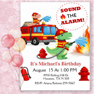 Invitación Camión de Bomberos Dinosaurio Fiesta de Cumpleaños