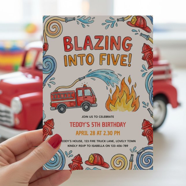 Invitación Camión de Bomberos en Llamas para el Cumpleaños Nú (Blazing into Five Five 5th  birthday party invitation with red fire truck and firefighter theme)