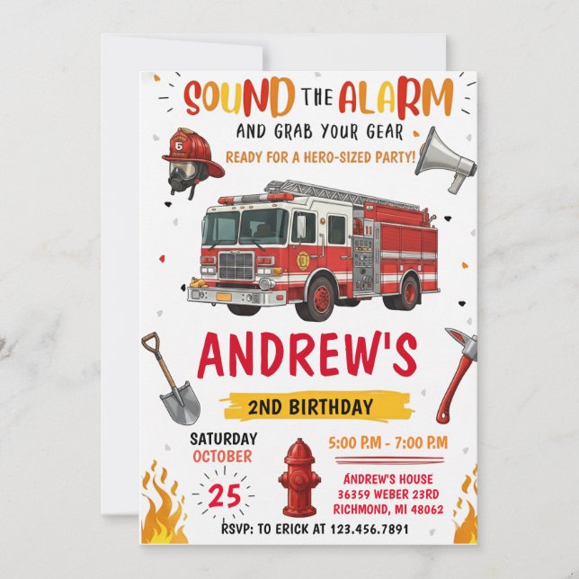 Invitación Camión de Bomberos Moderno Cumpleaños con imagen (Anverso)