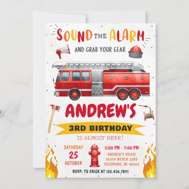 Invitación Camión de bomberos moderno personal Fiesta de cump (Anverso)