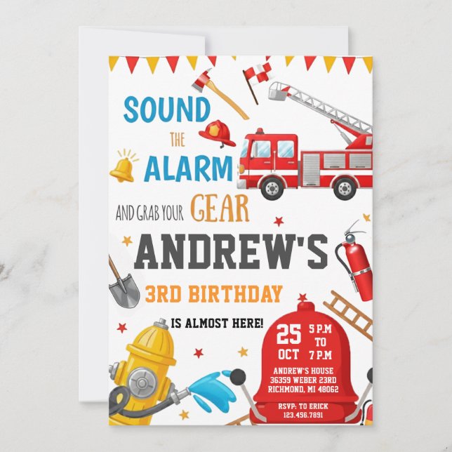 Invitación Camión de bomberos personalizado para cumpleaños c (Anverso)