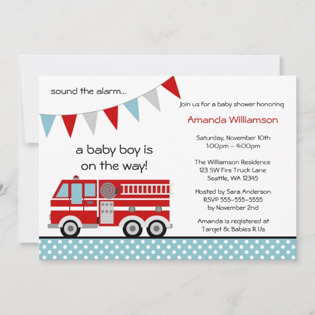 Invitación Camión de bomberos Polka Dot Chico Baby Shower (Anverso)