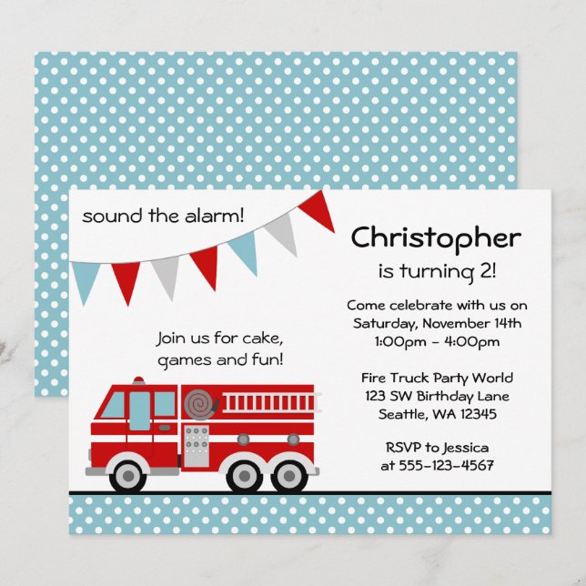 Invitación Camión de bomberos Polka Dot - Fiesta de cumpleaño (Anverso / Reverso)