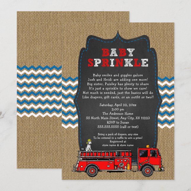 Invitación Camión de bomberos: rociado de bebé, ducha de bebé (Anverso / Reverso)