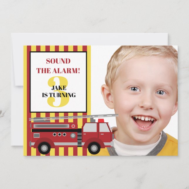 Invitación Camión de Bomberos Rojo Amarillo Cumpleaños de Niñ (Anverso)