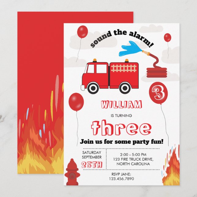 Invitación Camión de bomberos rojo Fiesta de cumpleaños de ni (Anverso / Reverso)