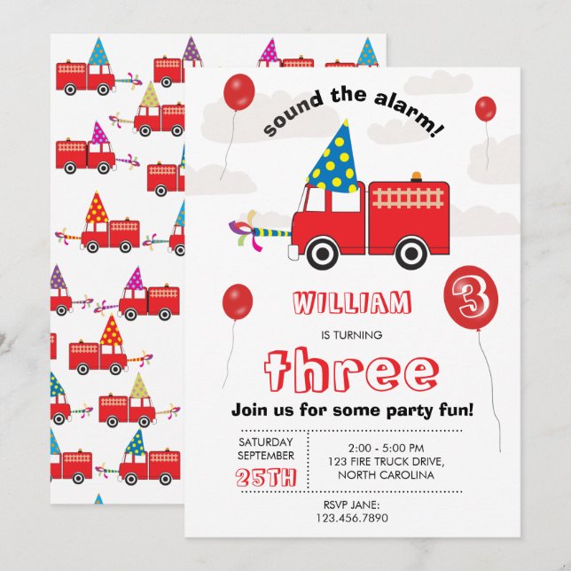 Invitación Camión de bomberos rojo Fiesta de cumpleaños de ni (Anverso / Reverso)