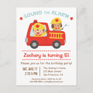 Invitación Camión de Bomberos Rojo, Perro Lindo y Fiesta de C
