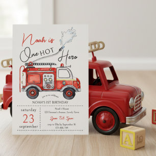 Invitación Camión de Bomberos Rojo Uno Héroe Caliente Cumplea