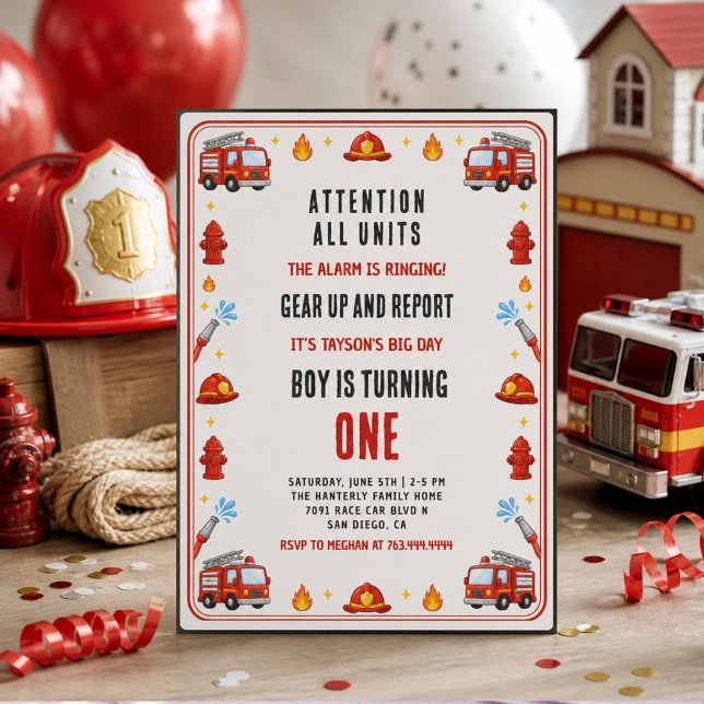 Invitación Camión de Bomberos Rojo y Blanco Fiesta de Cumplea (Red and White Firetruck 1st Birthday Party Invitation
)