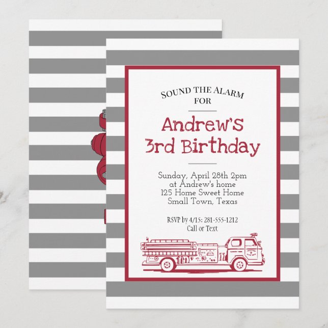 Invitación Camión de bomberos rojo y gris (Anverso / Reverso)