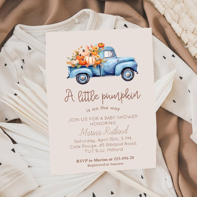 Invitación Camión de calabaza azul Baby Shower Fall Boy (Subido por el creador)