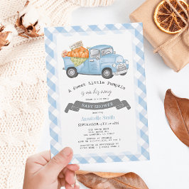 Invitación Camión de calabaza azul Gingham Boy Baby Shower