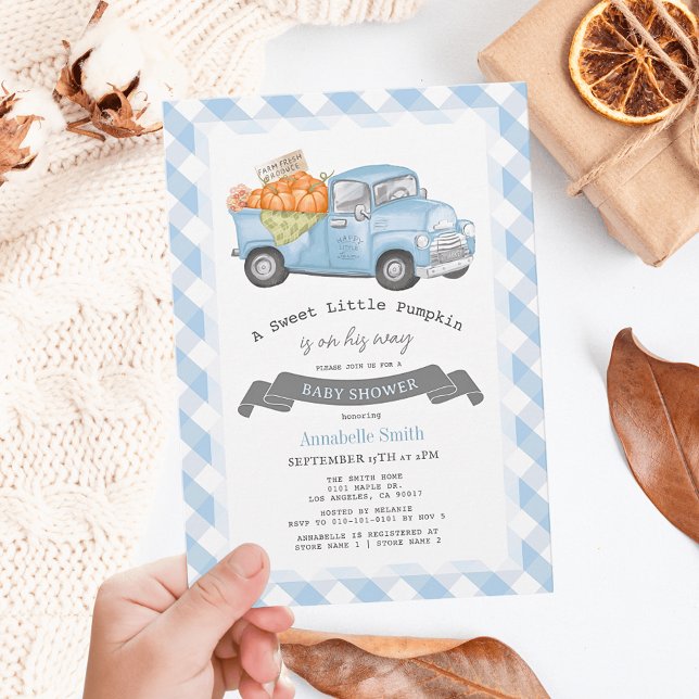 Invitación Camión de calabaza azul Gingham Boy Baby Shower (Subido por el creador)