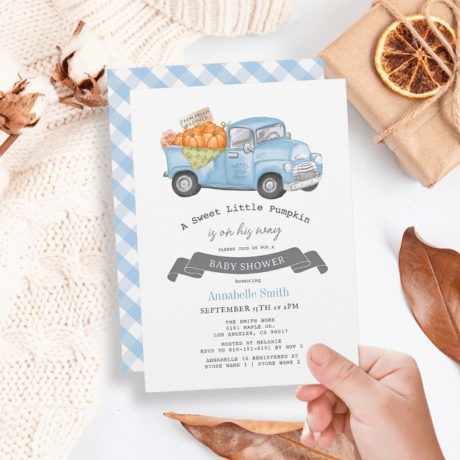 Invitación Camión de calabaza azul Gingham Boy Baby Shower (Subido por el creador)